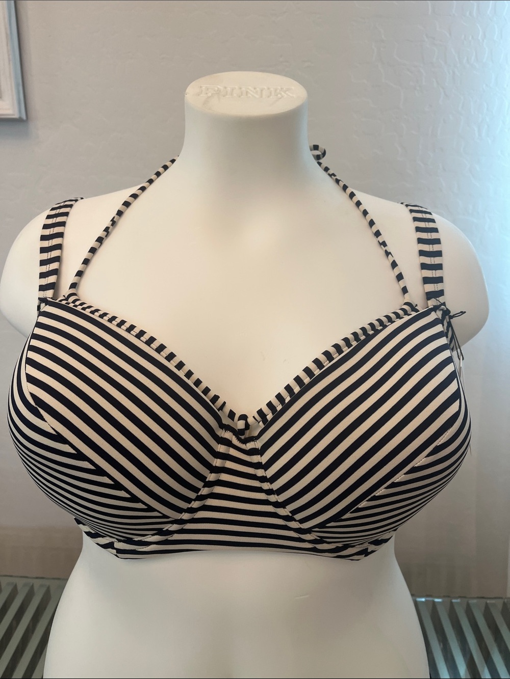 Striped Black and White Underwire Bikini Top - Classic Halter Style